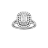Emerald-cut diamond engagement ring with a prong-set diamond band and double-halo setting.