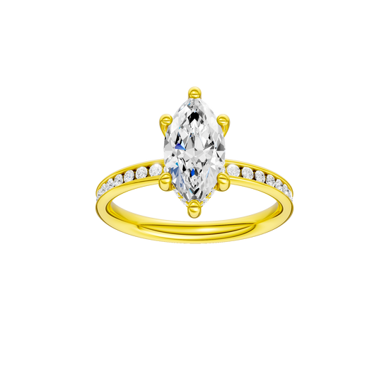Marquise-cut diamond engagement ring with a channel-set diamond band and hidden-halo setting.