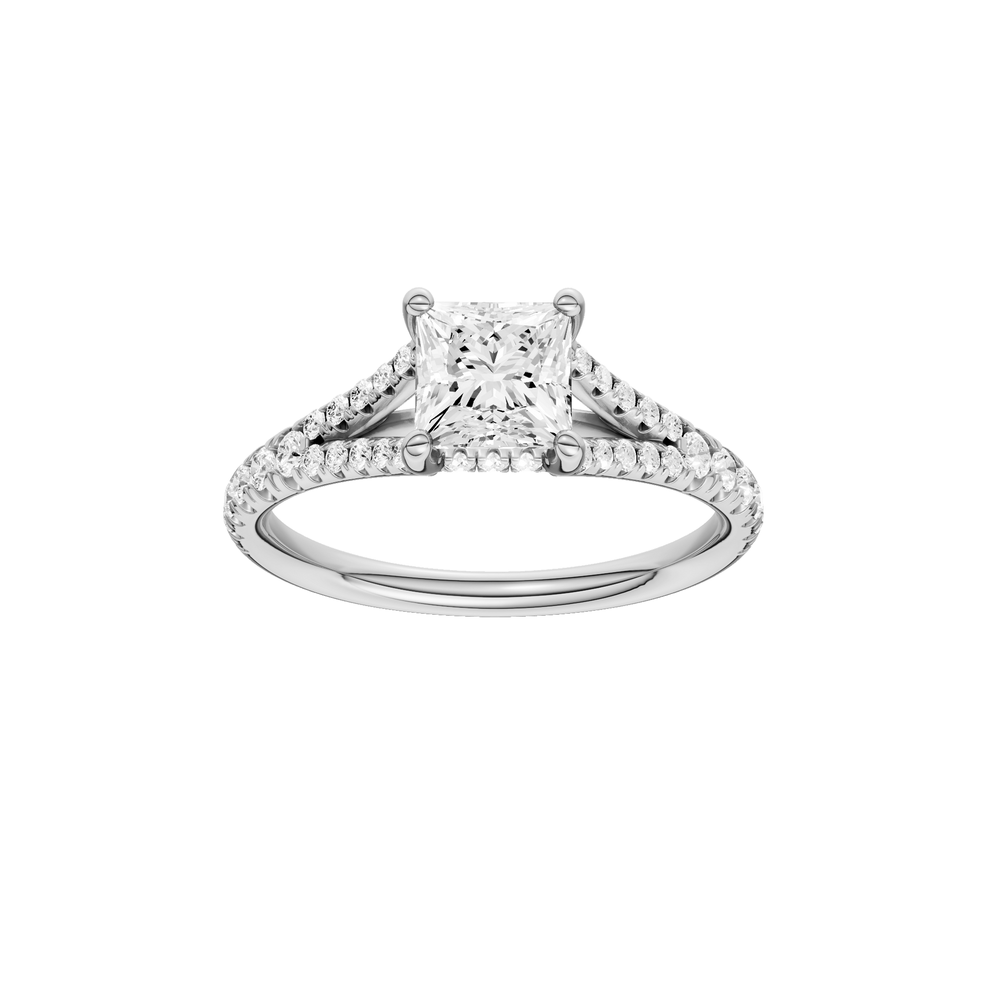Princess-cut diamond engagement ring with a prong-set diamond band and hidden-halo setting.