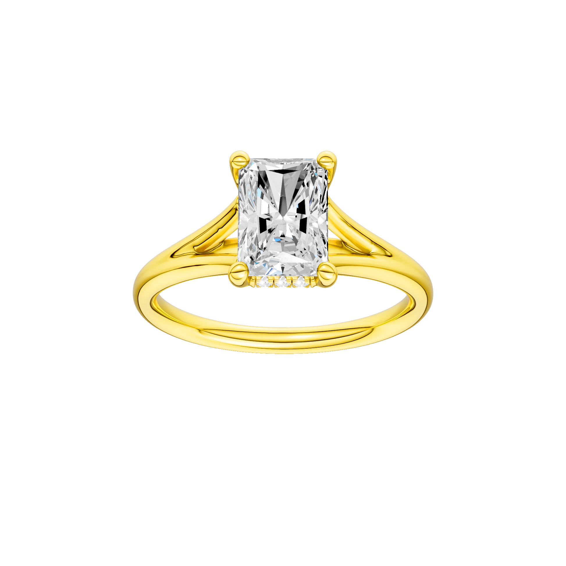 Radiant-cut diamond engagement ring with a plain band and hidden-halo setting.