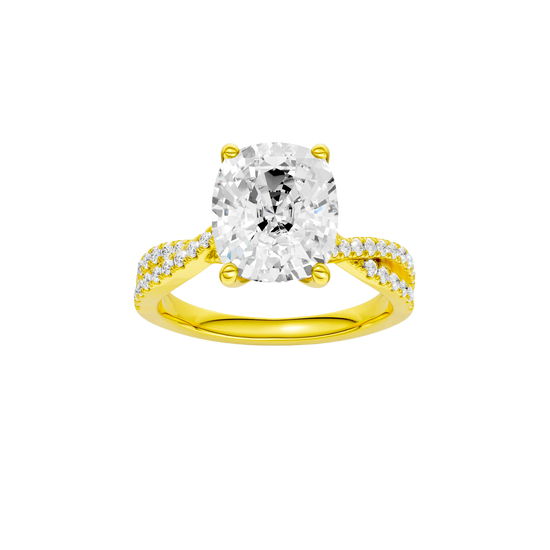 Elongated cushion-cut diamond engagement ring in 14k yellow gold with a prong-set diamond band and cathedral setting