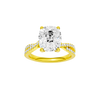 Elongated cushion-cut diamond engagement ring in 14k yellow gold with a prong-set diamond band and cathedral setting