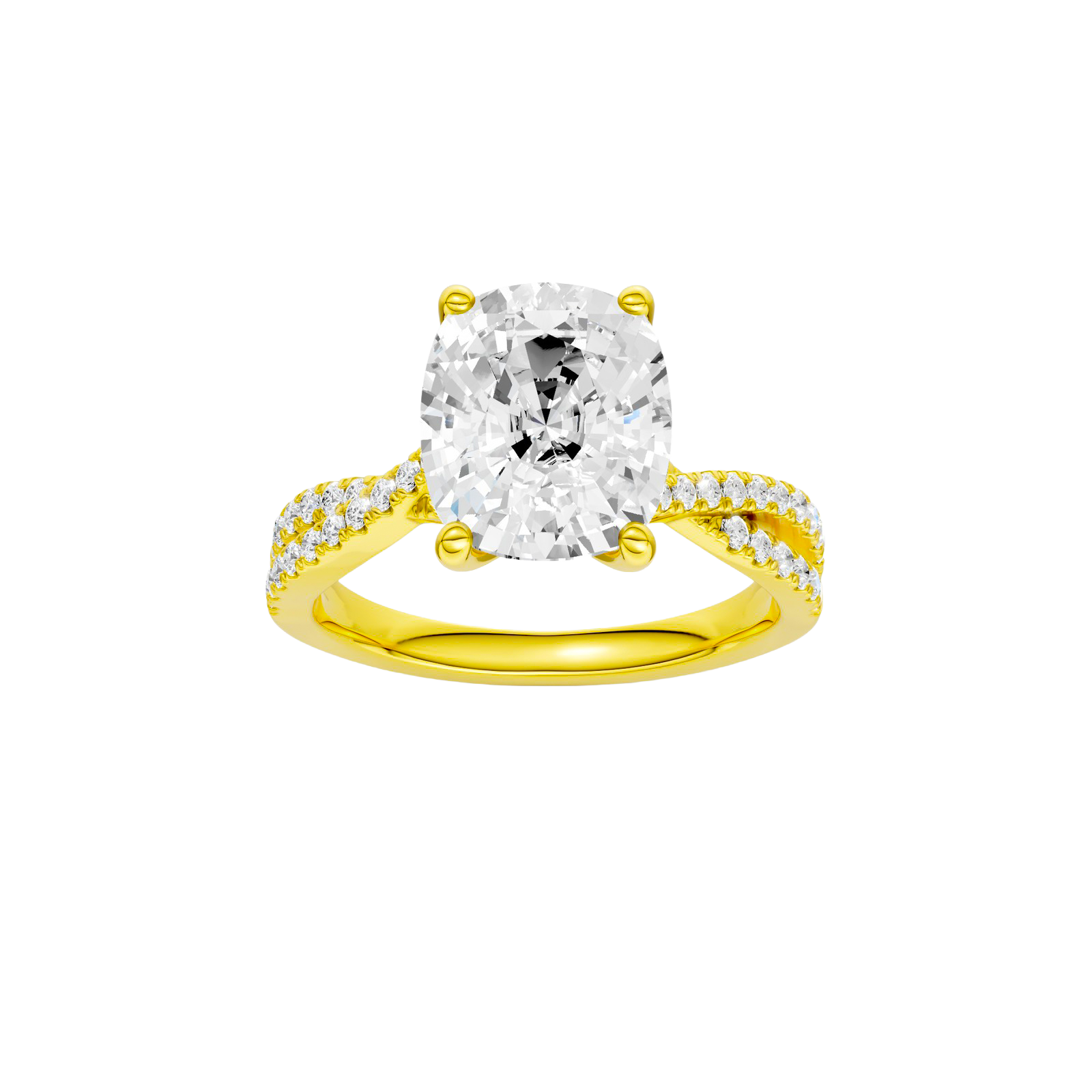 Elongated cushion-cut diamond engagement ring in 14k yellow gold with a prong-set diamond band and cathedral setting