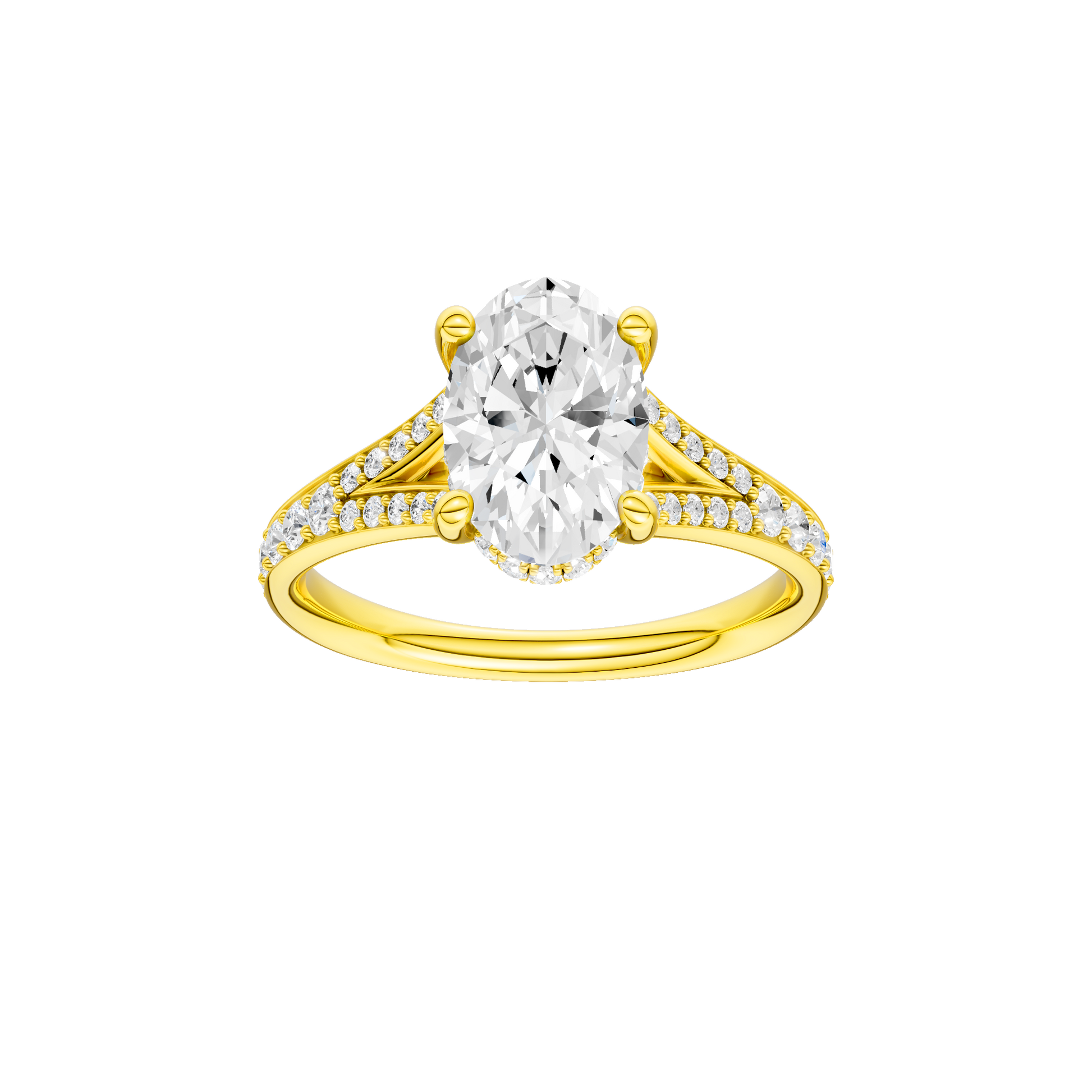 Oval-cut diamond engagement ring with a channel-set diamond band and hidden-halo setting.