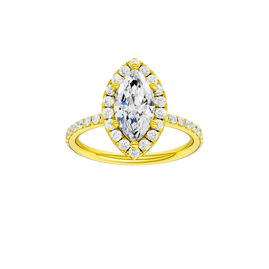Marquise-cut diamond engagement ring with a prong-set diamond band and halo setting.