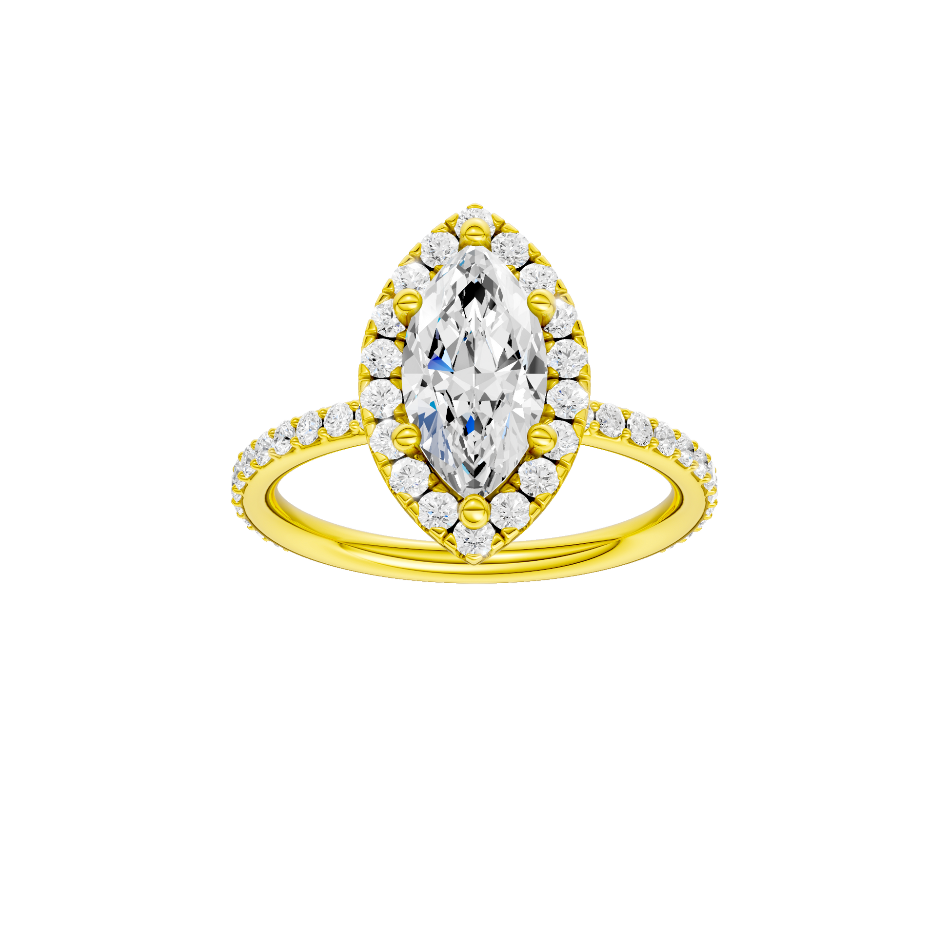 Marquise-cut diamond engagement ring with a prong-set diamond band and halo setting.