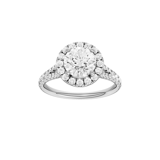Round-cut diamond engagement ring with a prong-set diamond band and halo setting.