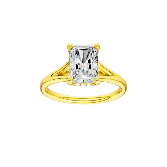 Radiant-cut diamond engagement ring with a plain band and hidden-halo setting.