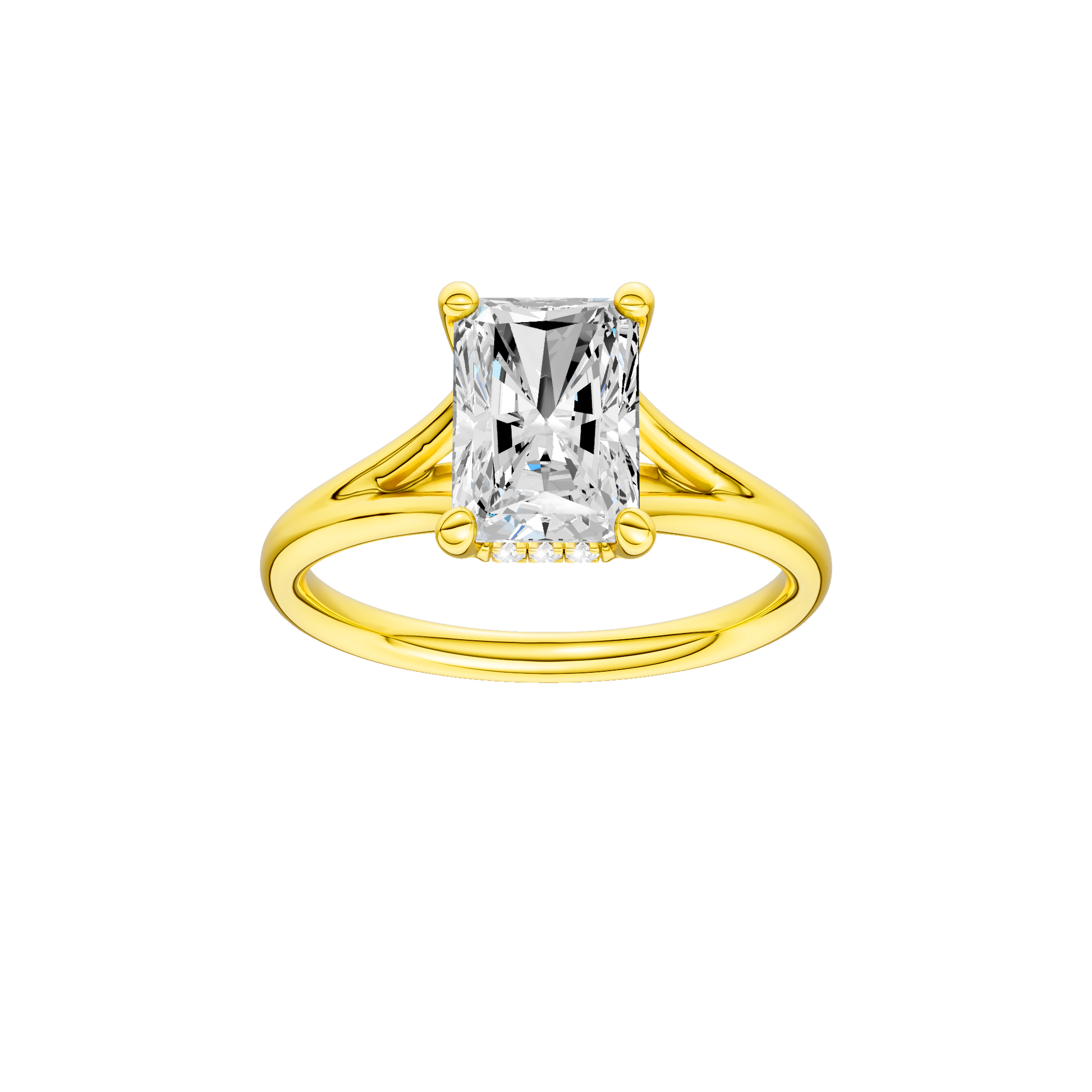 Radiant-cut diamond engagement ring with a plain band and hidden-halo setting.