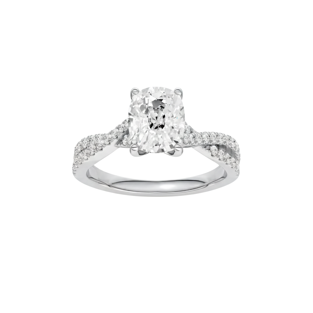 Elongated cushion-cut diamond engagement ring in 14k white gold with a prong-set diamond band and cathedral setting