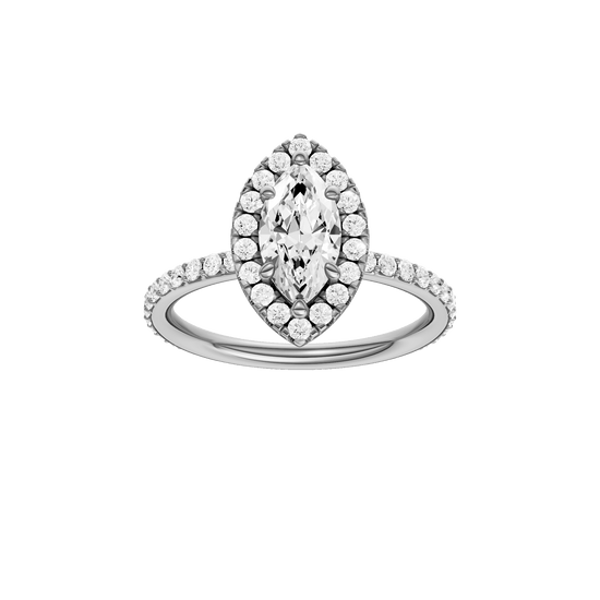Marquise-cut diamond engagement ring with a prong-set diamond band and halo setting.