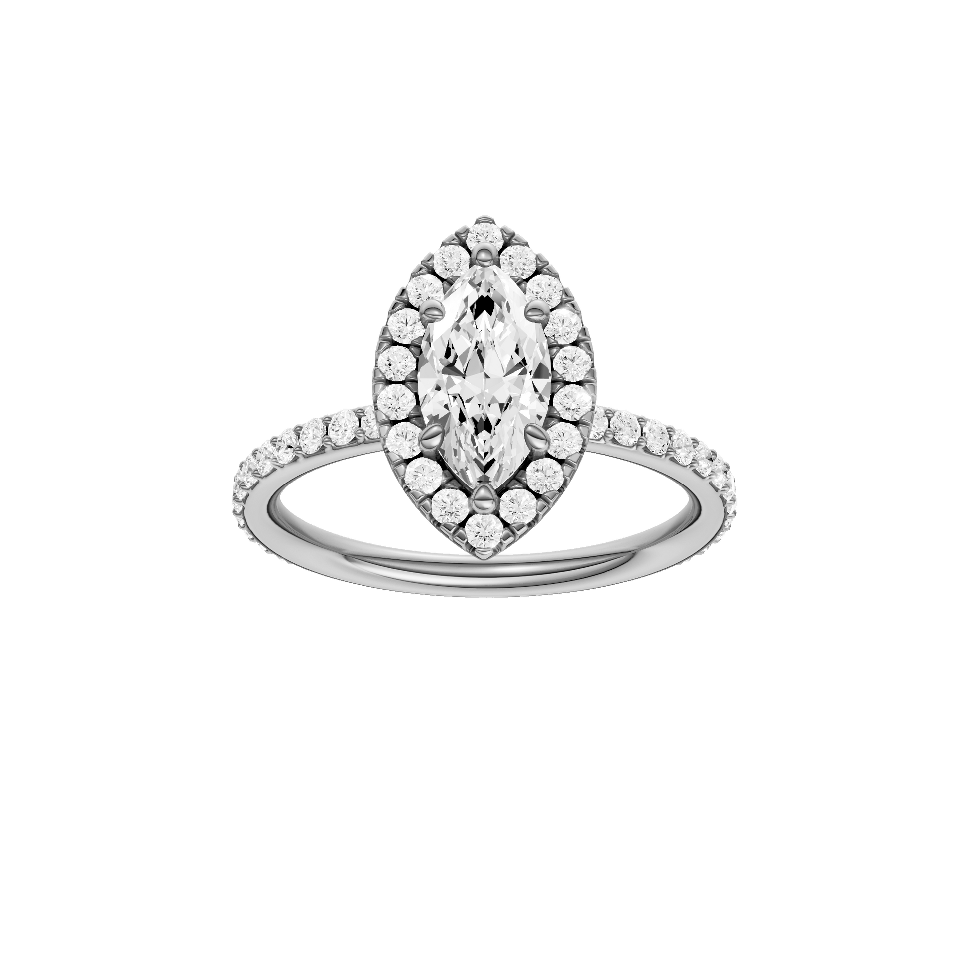 Marquise-cut diamond engagement ring with a prong-set diamond band and halo setting.