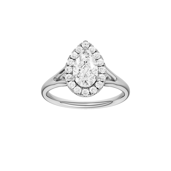 Pear-cut diamond engagement ring with a plain band and halo setting.