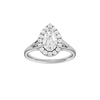 Pear-cut diamond engagement ring with a plain band and halo setting.