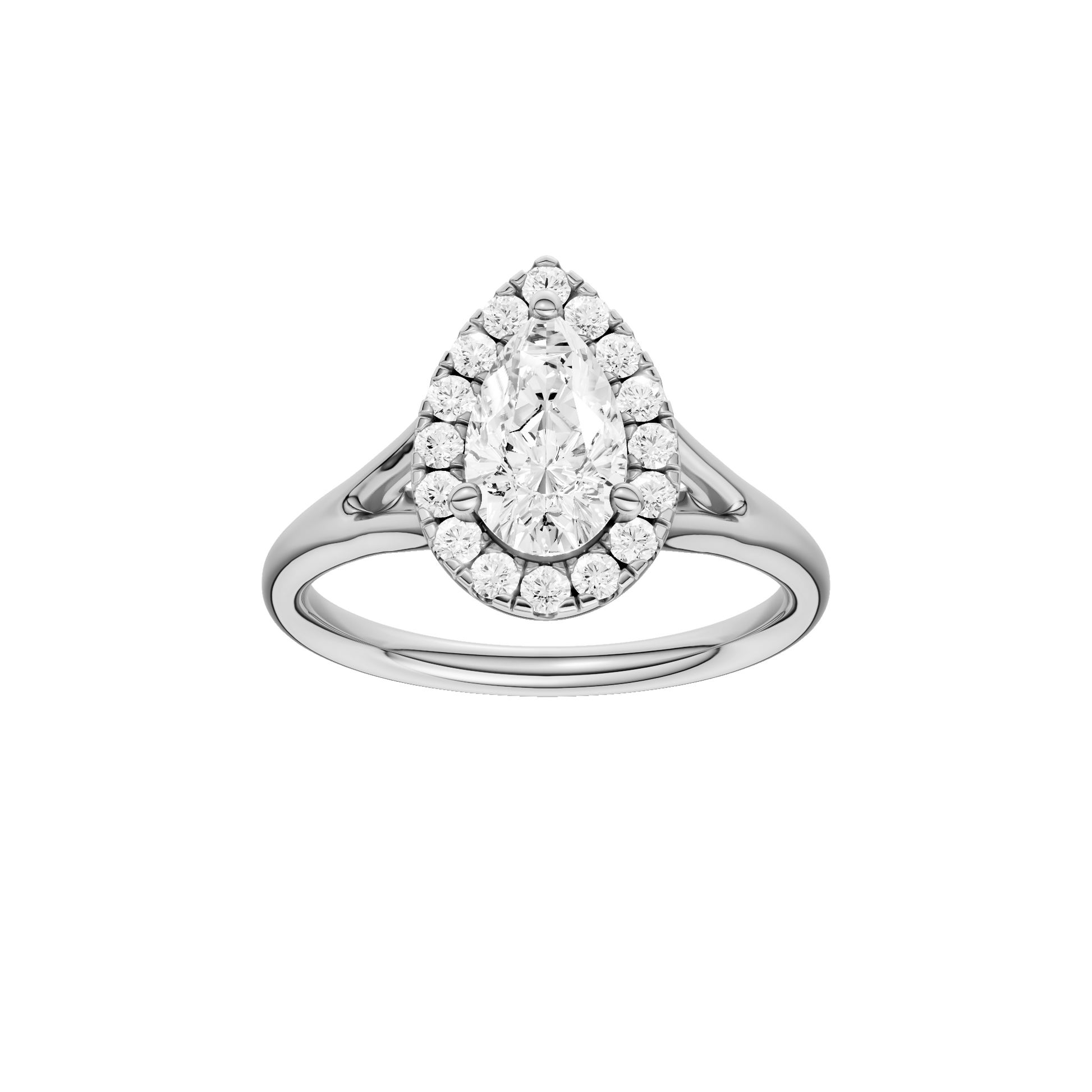 Pear-cut diamond engagement ring with a plain band and halo setting.