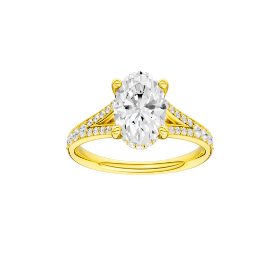 Oval-cut diamond engagement ring with a channel-set diamond band and hidden-halo setting.