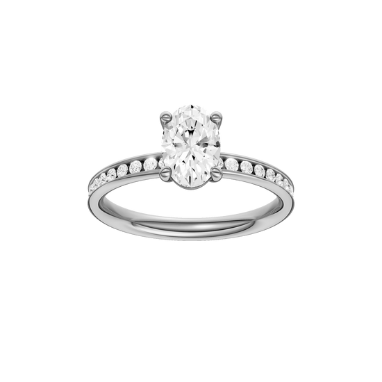 Oval-cut diamond engagement ring with a channel-set diamond band and solitaire setting.