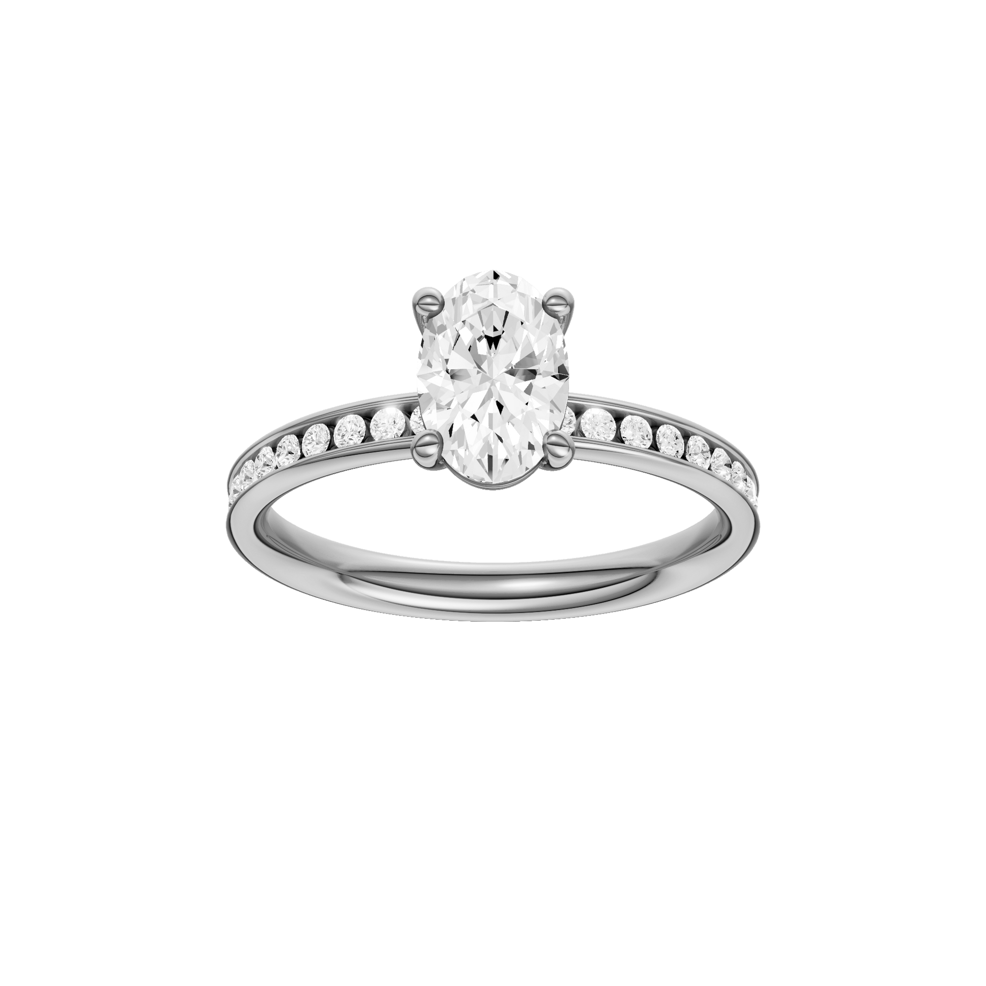 Oval-cut diamond engagement ring with a channel-set diamond band and solitaire setting.