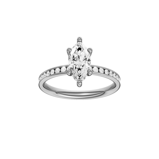 Marquise-cut diamond engagement ring with a channel-set diamond band and hidden-halo setting.