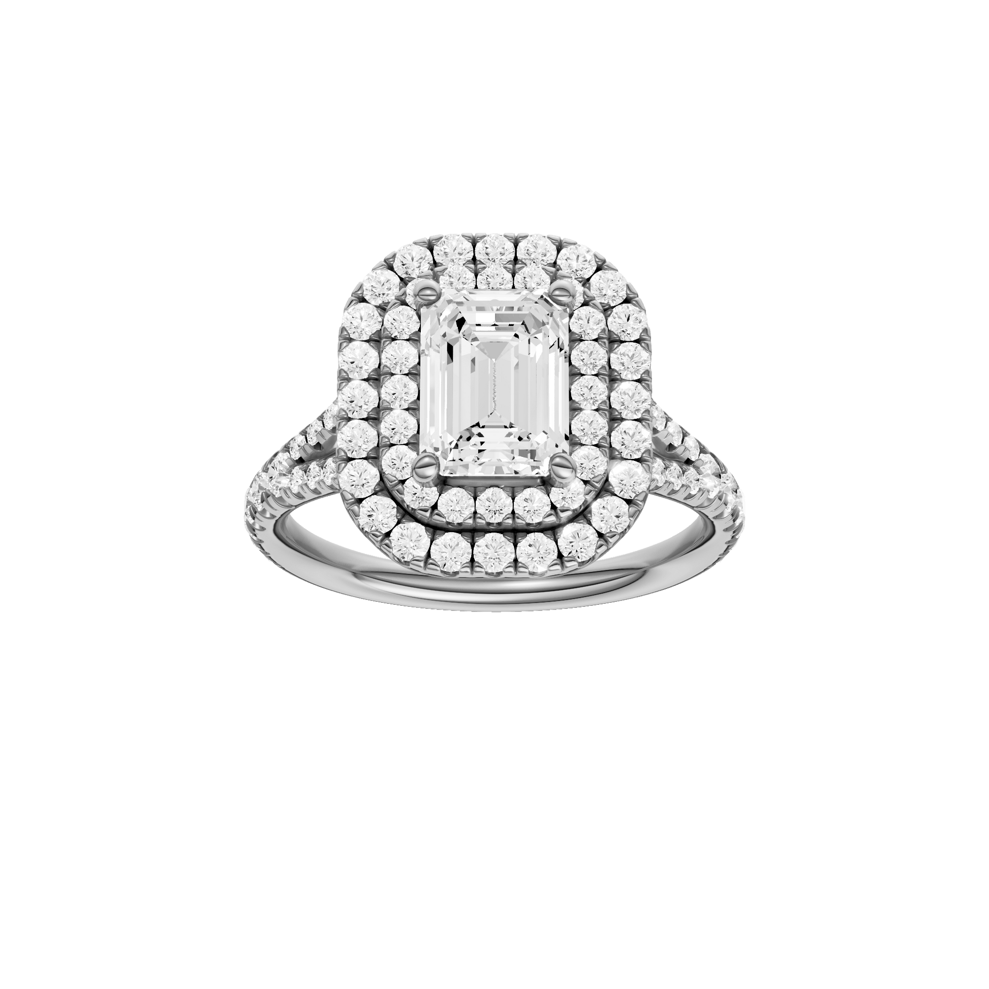 Emerald-cut diamond engagement ring with a prong-set diamond band and double-halo setting.