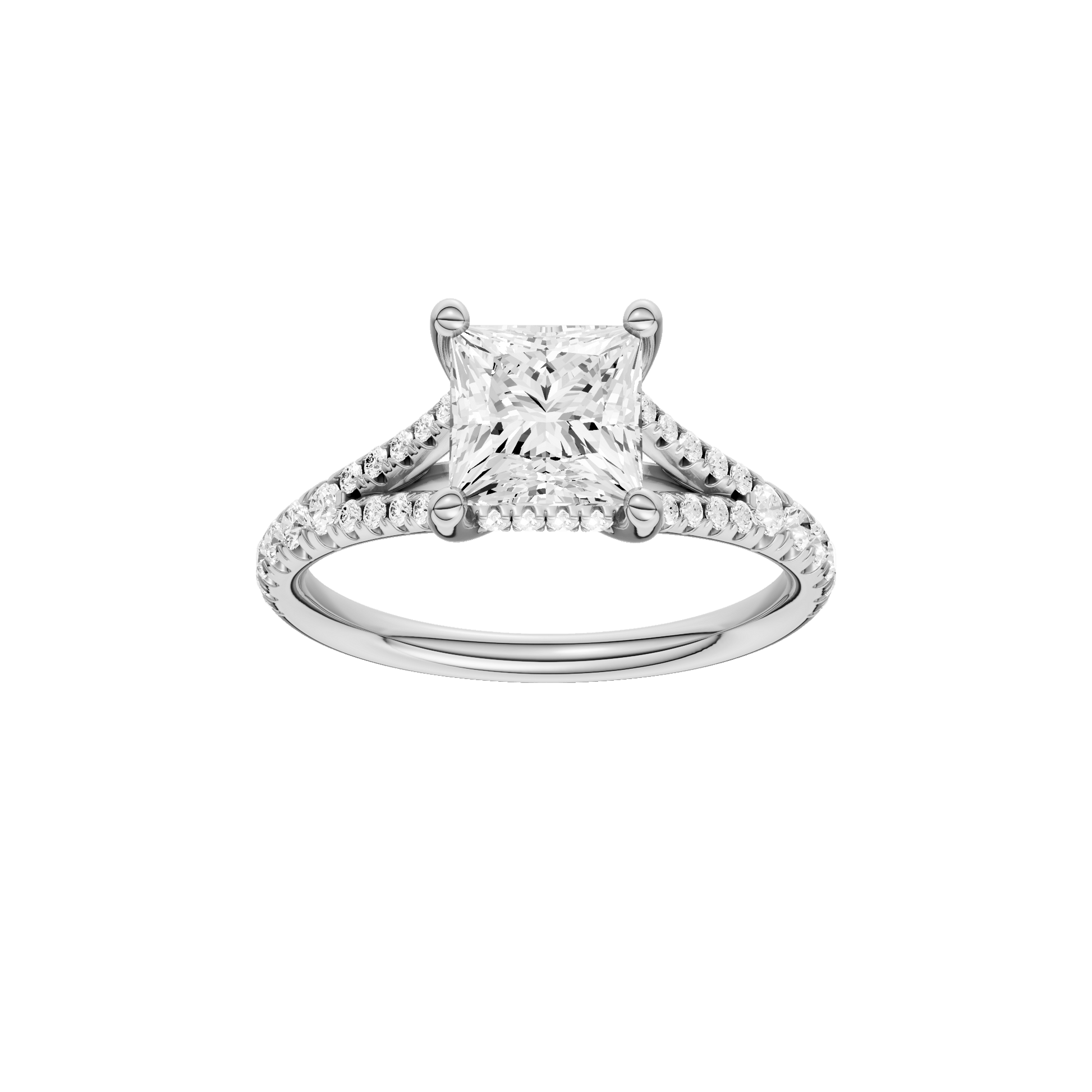 Princess-cut diamond engagement ring with a prong-set diamond band and hidden-halo setting.