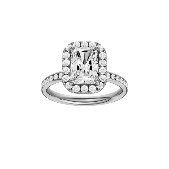 Radiant-cut diamond engagement ring with a channel-set diamond band and halo setting.