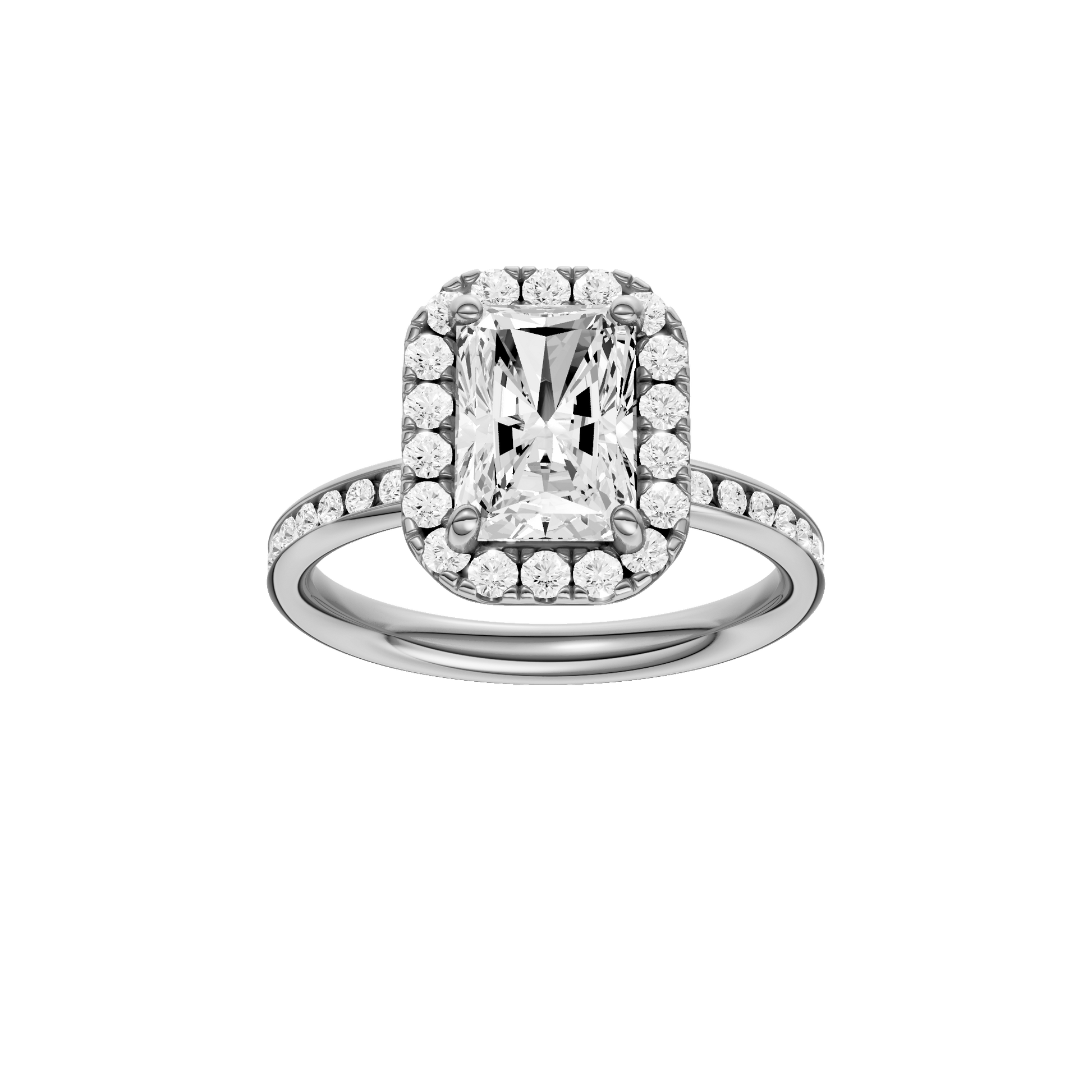 Radiant-cut diamond engagement ring with a channel-set diamond band and halo setting.