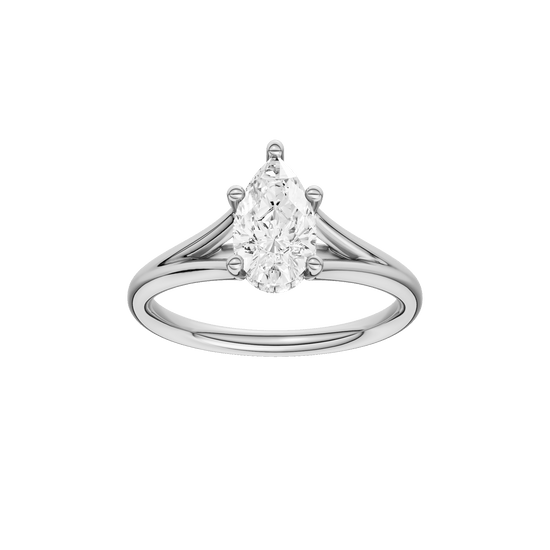 Pear-cut diamond engagement ring with a plain band and hidden-halo setting.