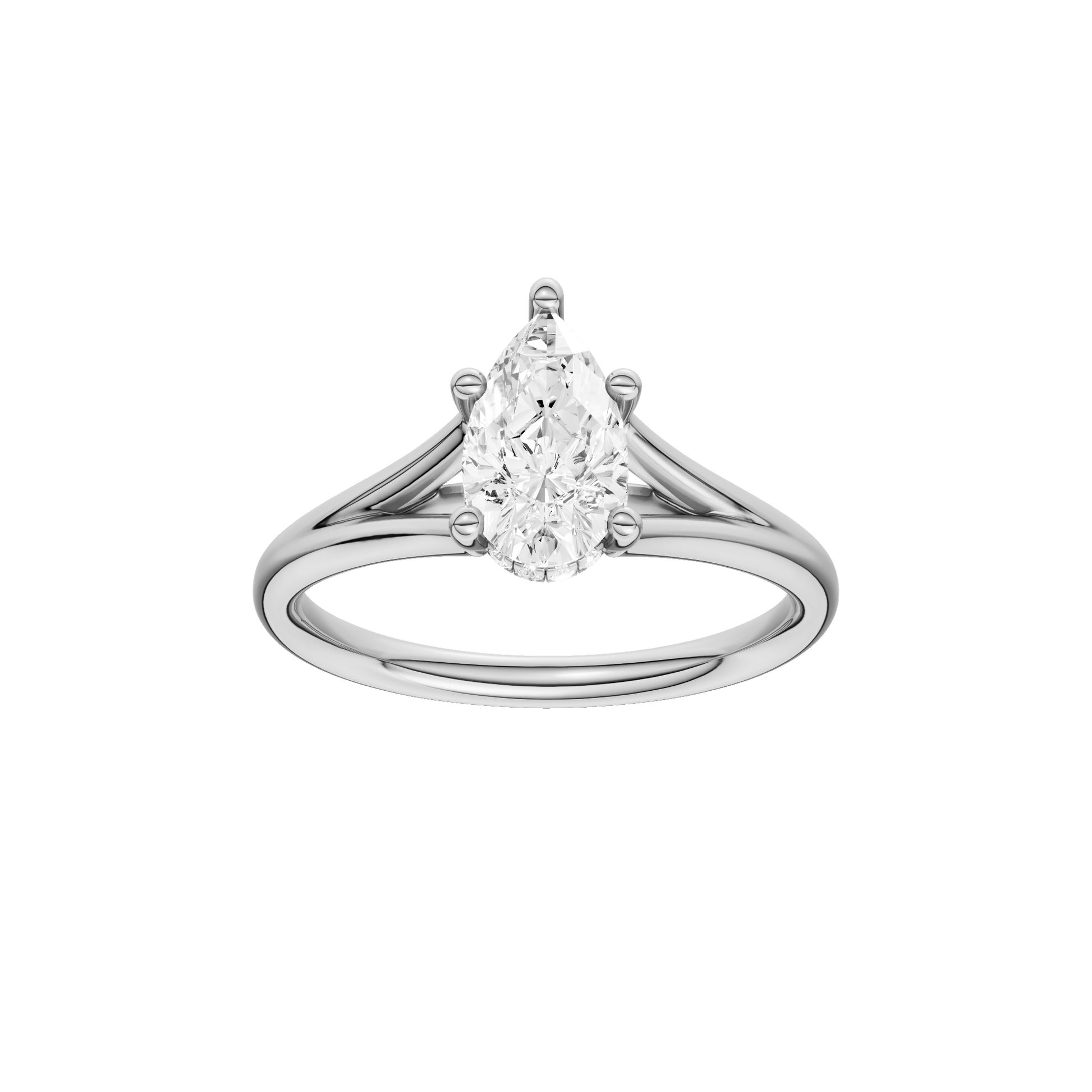 Pear-cut diamond engagement ring with a plain band and hidden-halo setting.