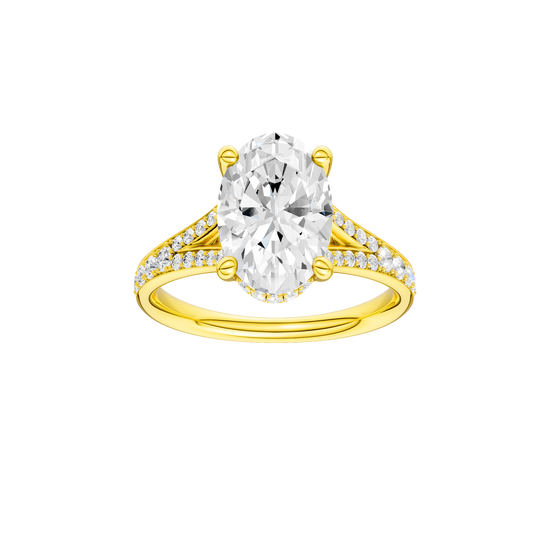 Oval-cut diamond engagement ring with a channel-set diamond band and hidden-halo setting.