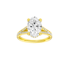Oval-cut diamond engagement ring with a channel-set diamond band and hidden-halo setting.