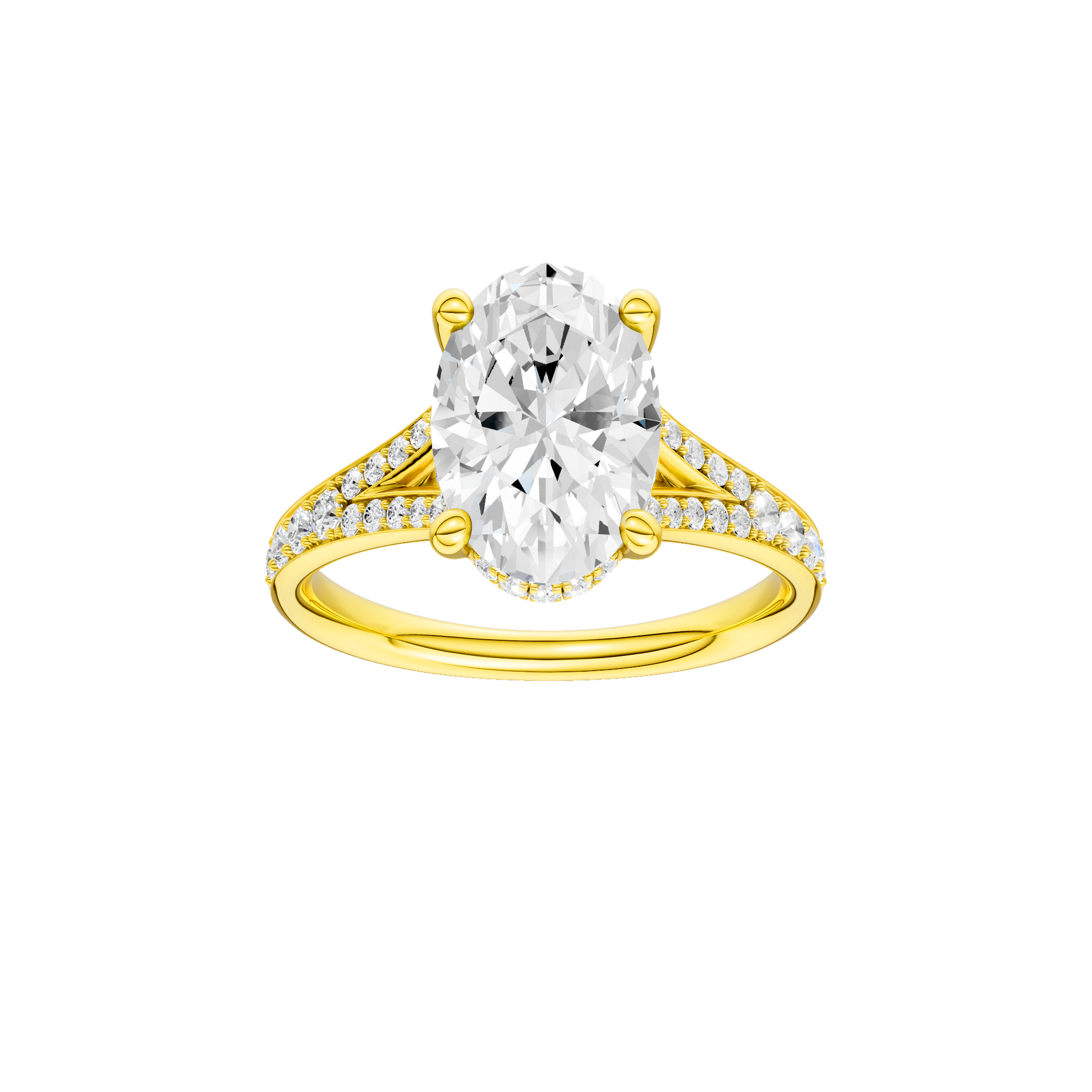 Oval-cut diamond engagement ring with a channel-set diamond band and hidden-halo setting.