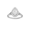 Pear-cut diamond engagement ring with a plain band and halo setting.