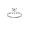 Elongated cushion-cut diamond engagement ring with a prong-set diamond band and solitaire setting.