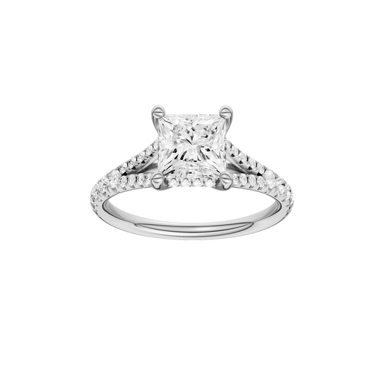 Princess-cut diamond engagement ring with a prong-set diamond band and hidden-halo setting.