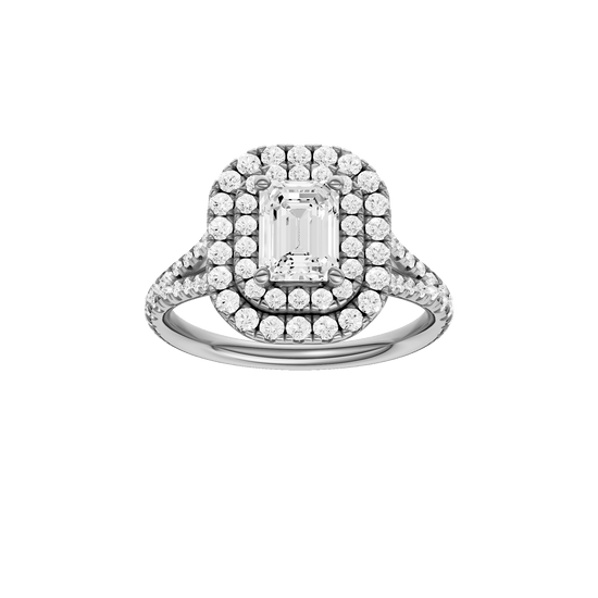 Emerald-cut diamond engagement ring with a prong-set diamond band and double-halo setting.