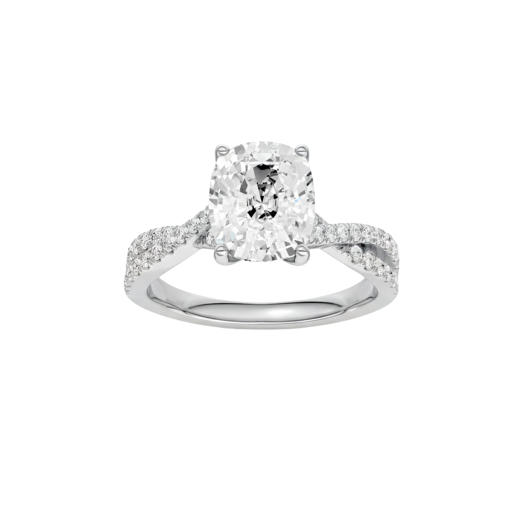 Elongated cushion-cut diamond engagement ring in 14k white gold with a prong-set diamond band and cathedral setting