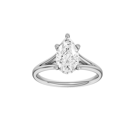 Pear-cut diamond engagement ring with a plain band and hidden-halo setting.