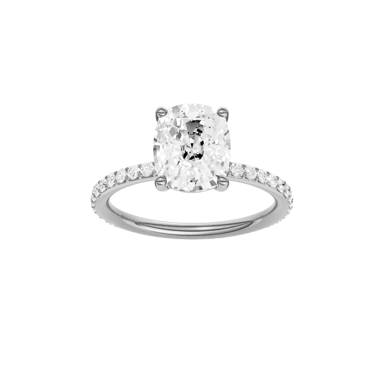 Elongated cushion-cut diamond engagement ring with a prong-set diamond band and solitaire setting.
