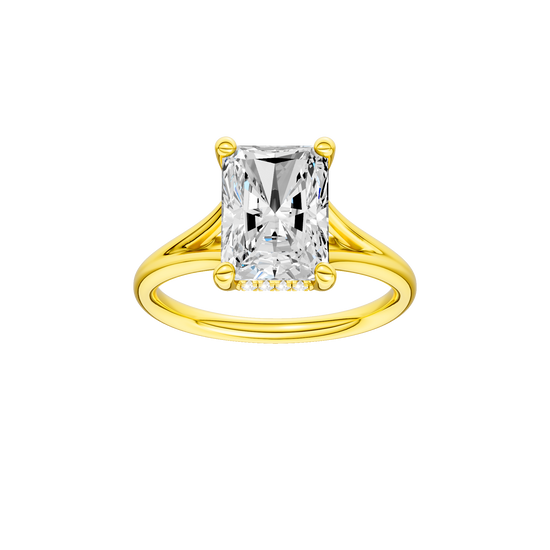 Radiant-cut diamond engagement ring with a plain band and hidden-halo setting.