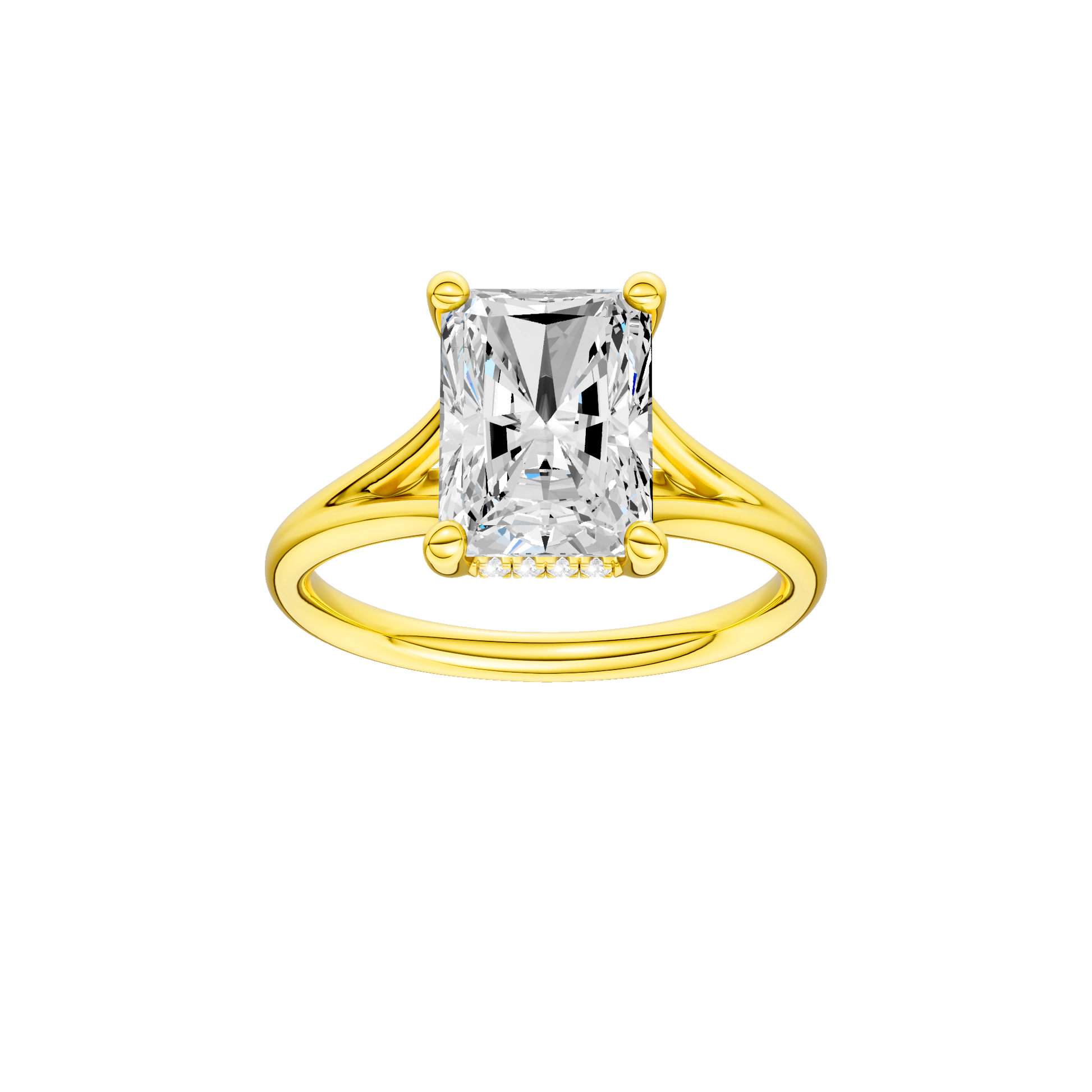 Radiant-cut diamond engagement ring with a plain band and hidden-halo setting.