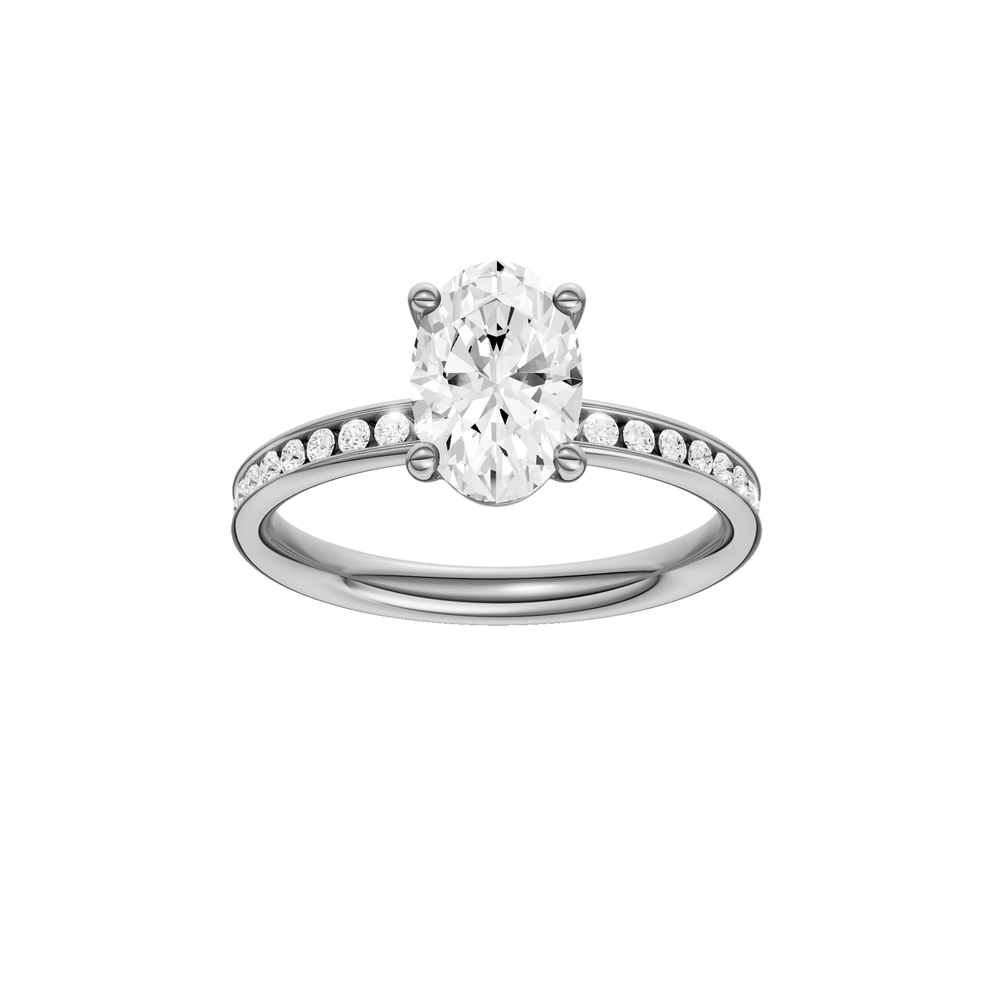 Oval-cut diamond engagement ring with a channel-set diamond band and solitaire setting.