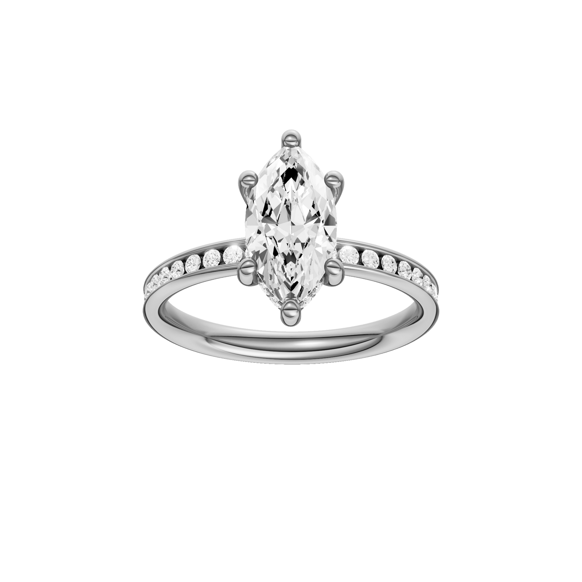 Marquise-cut diamond engagement ring with a channel-set diamond band and hidden-halo setting.