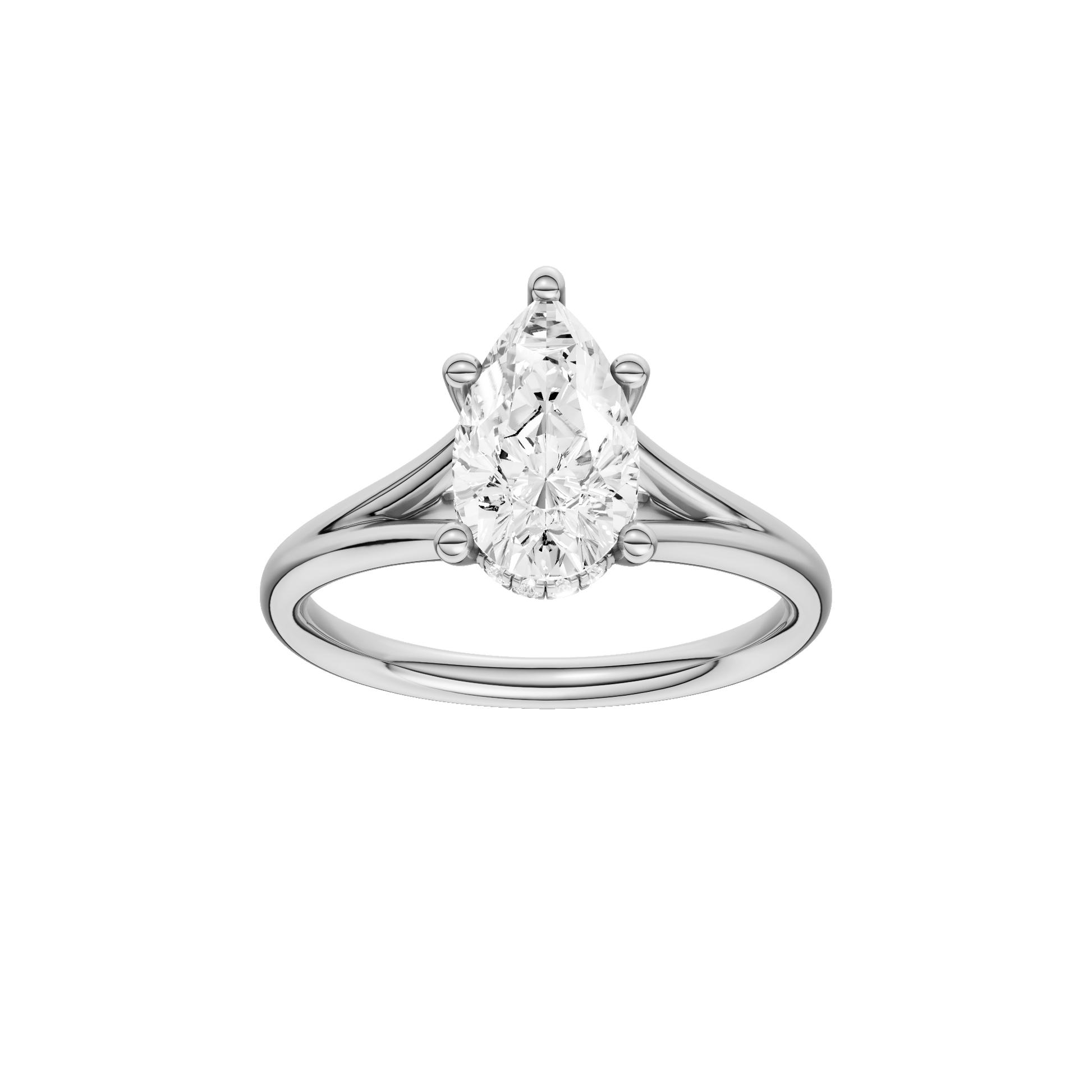 Pear-cut diamond engagement ring with a plain band and hidden-halo setting.