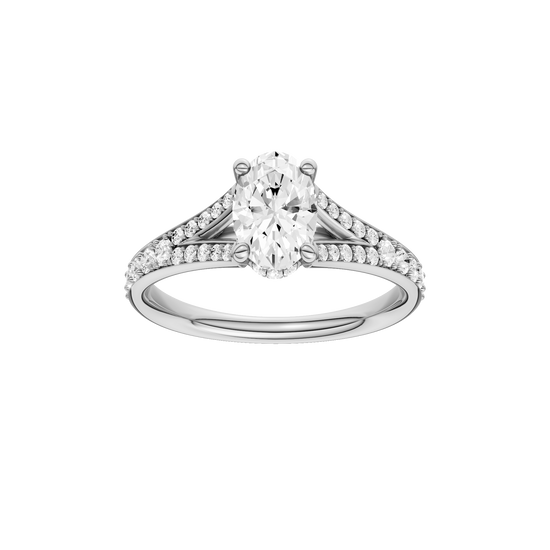 Oval-cut diamond engagement ring with a channel-set diamond band and hidden-halo setting.