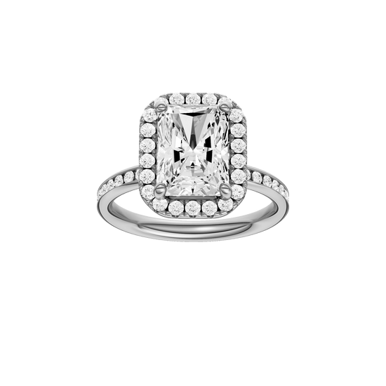 Radiant-cut diamond engagement ring with a channel-set diamond band and halo setting.