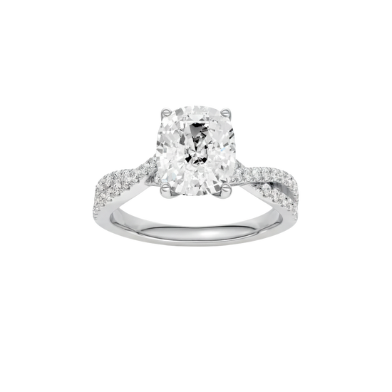 Elongated cushion-cut diamond engagement ring in 14k white gold with a prong-set diamond band and cathedral setting