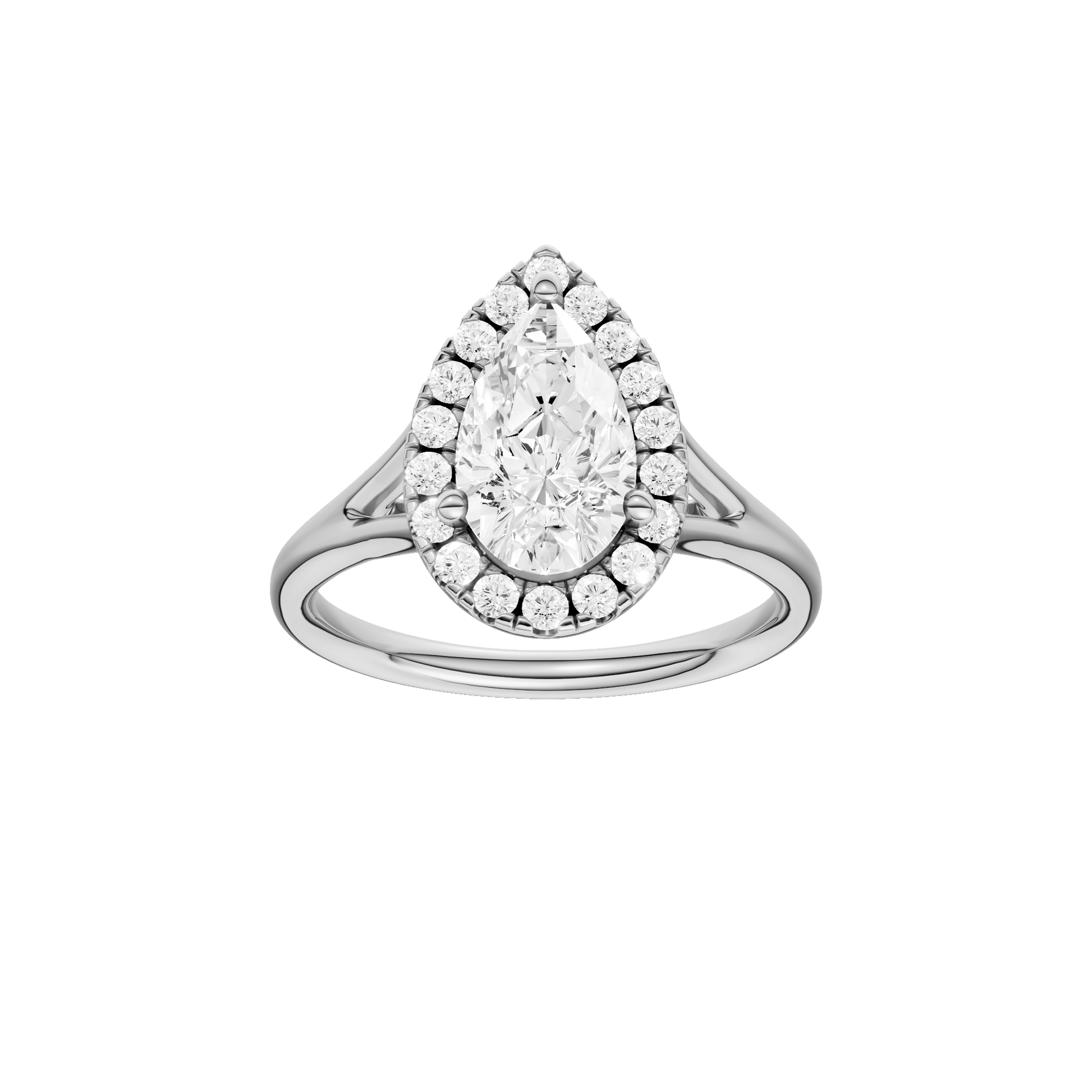 Pear-cut diamond engagement ring with a plain band and halo setting.