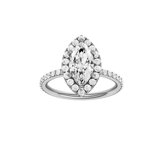 Marquise-cut diamond engagement ring with a prong-set diamond band and halo setting.