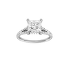 Princess-cut diamond engagement ring with a prong-set diamond band and hidden-halo setting.
